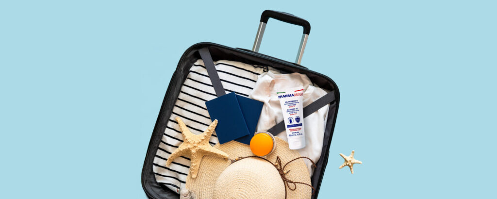 Trolley con effetti personali estivi e un tubo da 80ml Pharmamani