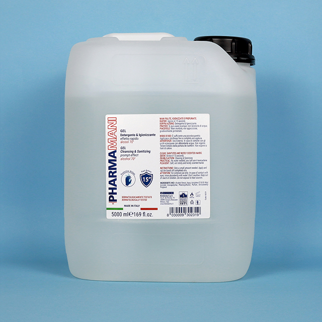 Gel igienizzante mani 5 litri Pharmamani – uso professionale, alcool 70%
