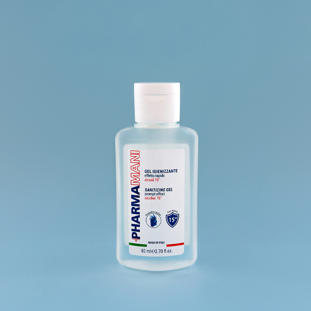 Gel igienizzante mani Pharmamani con alcool 70%, flacone 80 ml, formula idratante, azione rapida, non appiccica