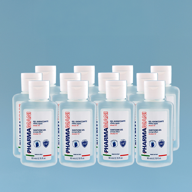 Kit 12 flaconi gel igienizzante mani Pharmamani da 80 ml con alcool 70%, formula idratante