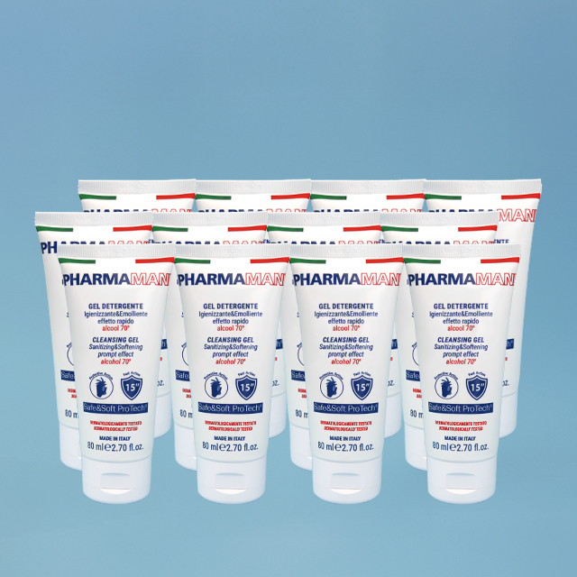 Kit 12 tubi gel igienizzante mani Pharmamani da 80 ml ciascuno, alcool 70%, formula idratante