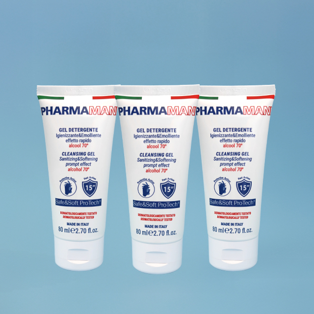 Kit 3 tubi gel igienizzante mani Pharmamani da 80 ml ciascuno, alcool 70%, formula idratante